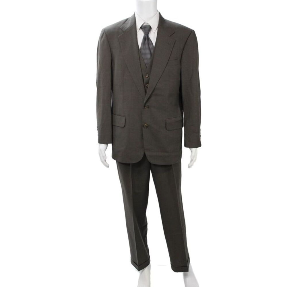 Oscar de la Renta Mens 3 Piece Suit Brown Wool Check Buckle Size 40